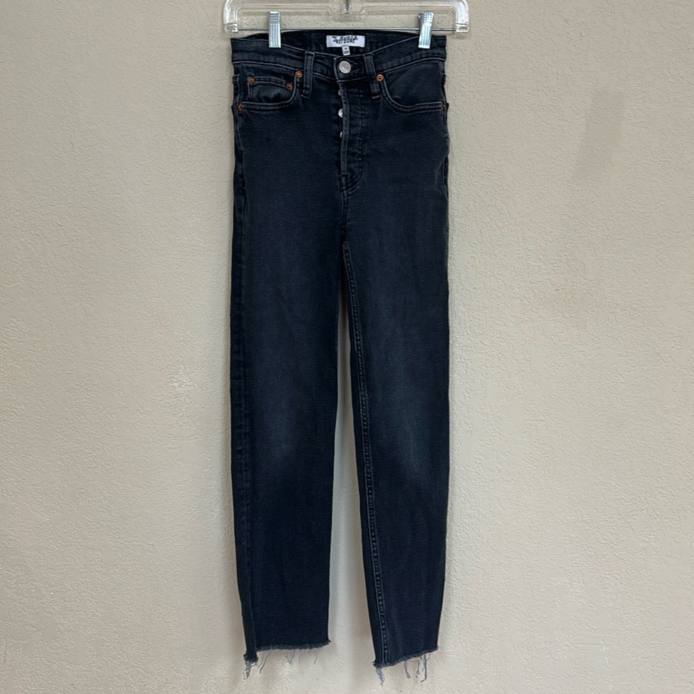 RE/DONE womans black button fly Straight leg distressed hem size 23